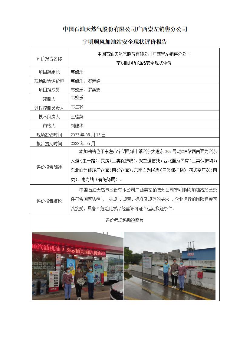 中国石油天然气股份有限公司广西崇左销售分公司宁明顺风加油站安全现状评价报告