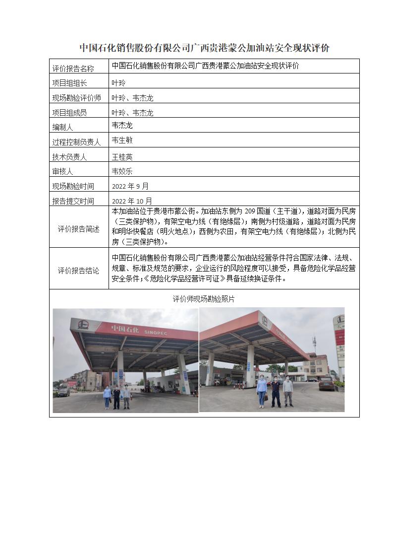 中国石化销售股份有限公司广西贵港蒙公加油站安全现状评价