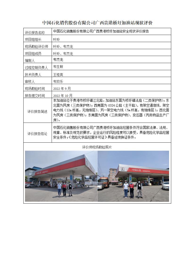 中国石化销售股份有限公司广西贵港桥圩加油站现状评价