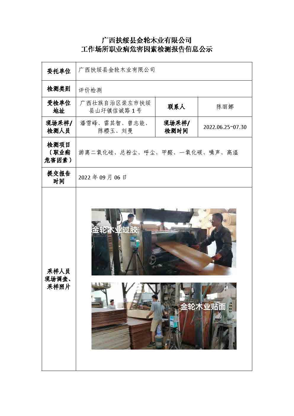 广西扶绥县金轮木业有限公司工作场所职业病危害因素检测报告信息公示