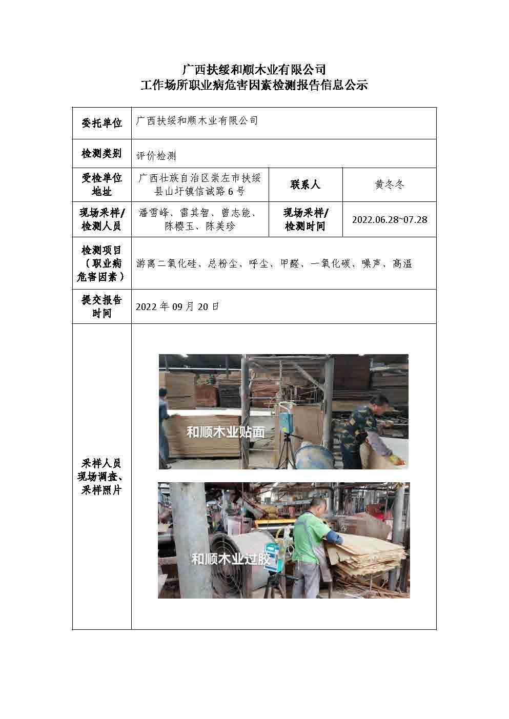 广西扶绥和顺木业有限公司工作场所职业病危害因素检测报告信息公示