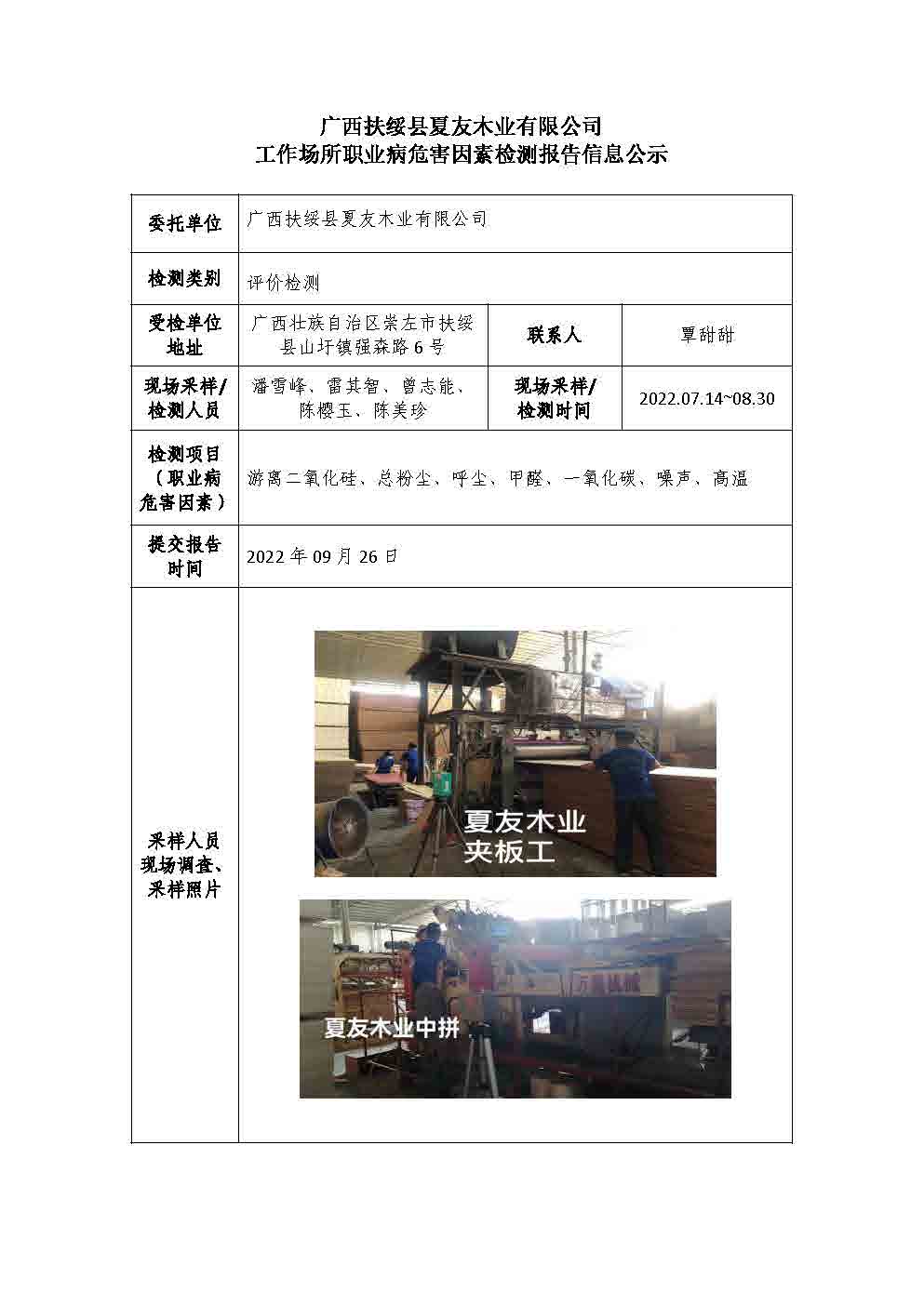 广西扶绥县夏友木业有限公司工作场所职业病危害因素检测报告信息公示