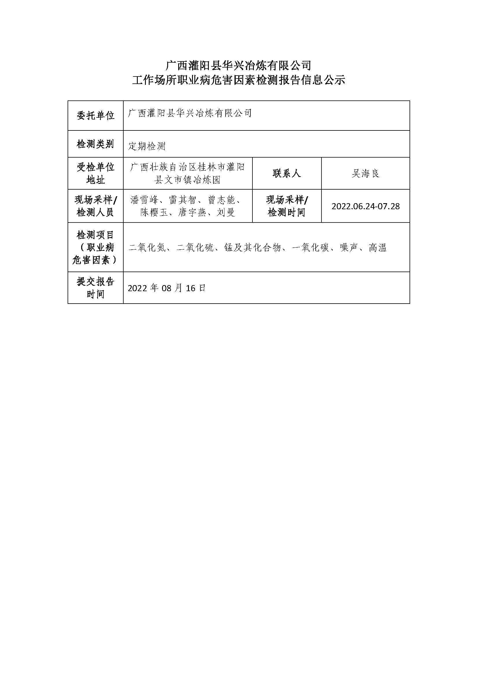 广西灌阳县华兴冶炼有限公司工作场所职业病危害因素检测报告信息公示