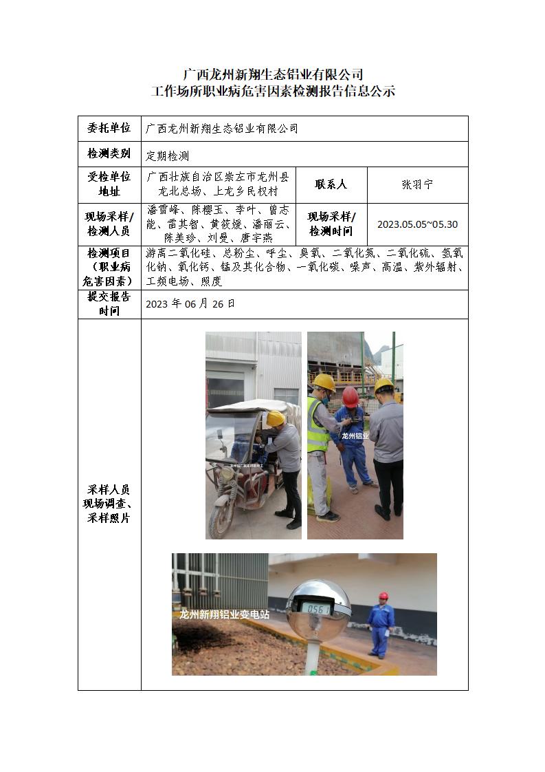 广西龙州新翔生态铝业有限公司工作场所职业病危害因素检测报告信息公示