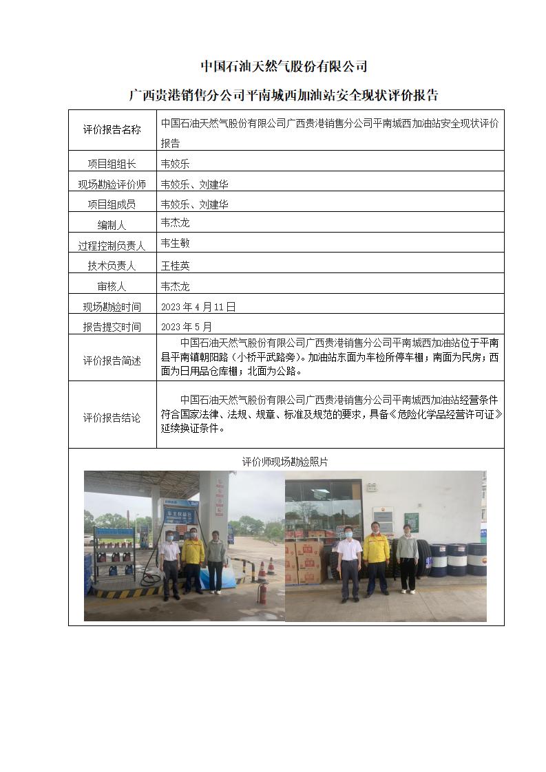 中国石油天然气股份有限公司广西贵港销售分公司平南城西加油站安全现状评价报告