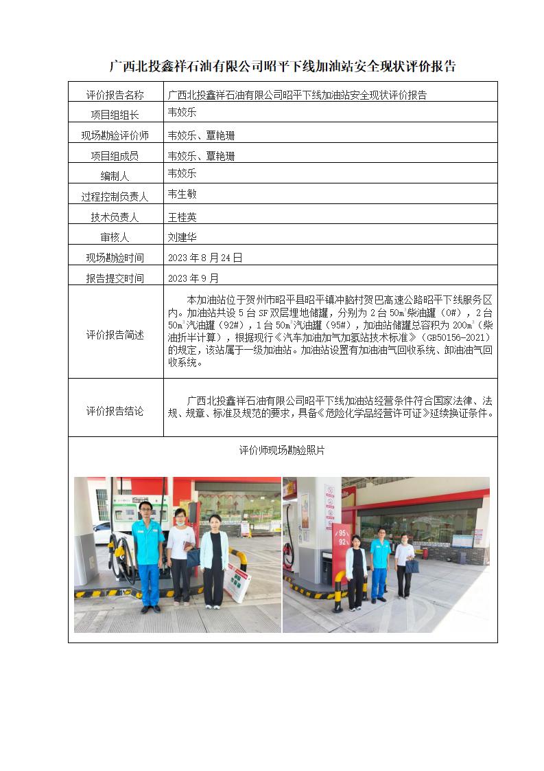 广西北投鑫祥石油有限公司昭平下线加油站安全现状评价报告